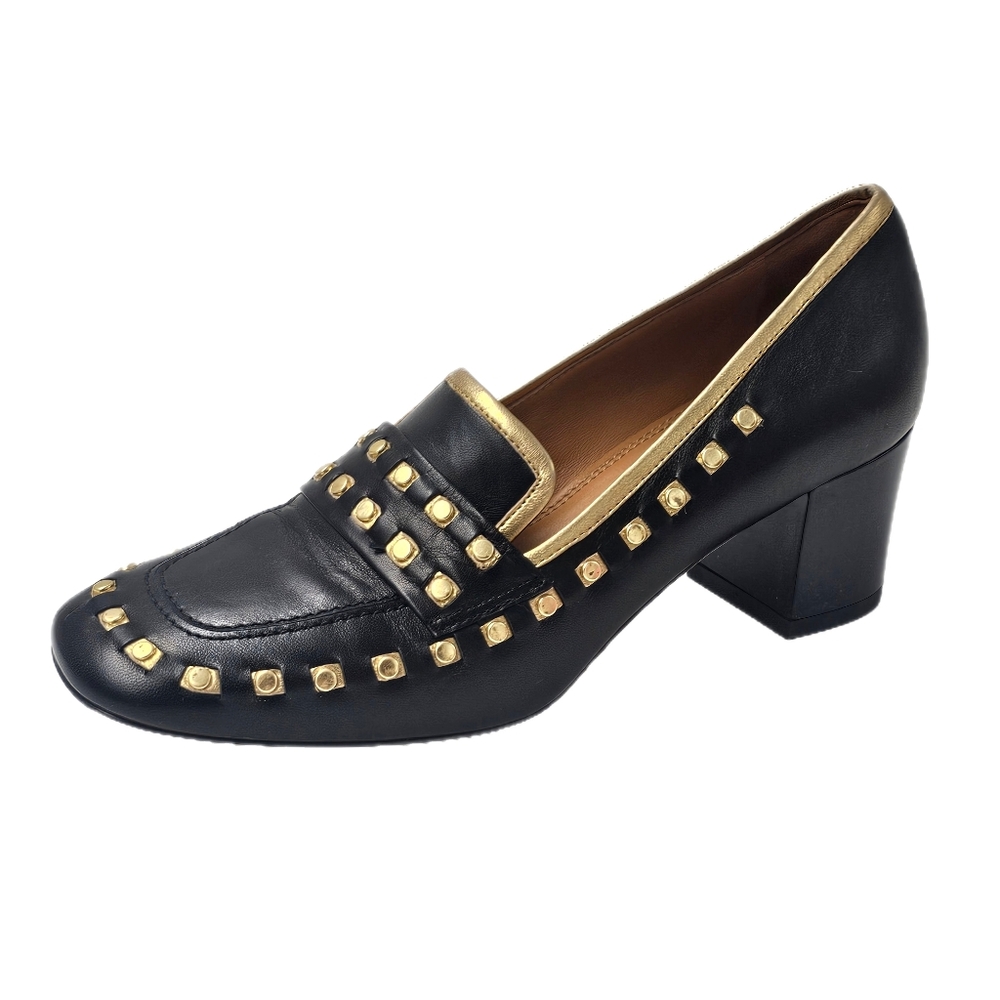 Tory Burch Studded Block Heel Loafer Pump Black Gold Leather Left Shoe 6.5 US - Picture 1 of 11